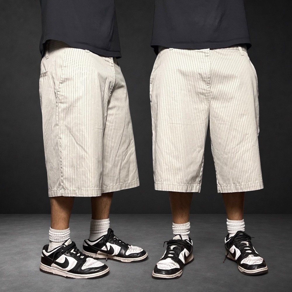 Subculture Pinstripe Skater Shorts Baggy Y2K 90s Beige Black Size 38